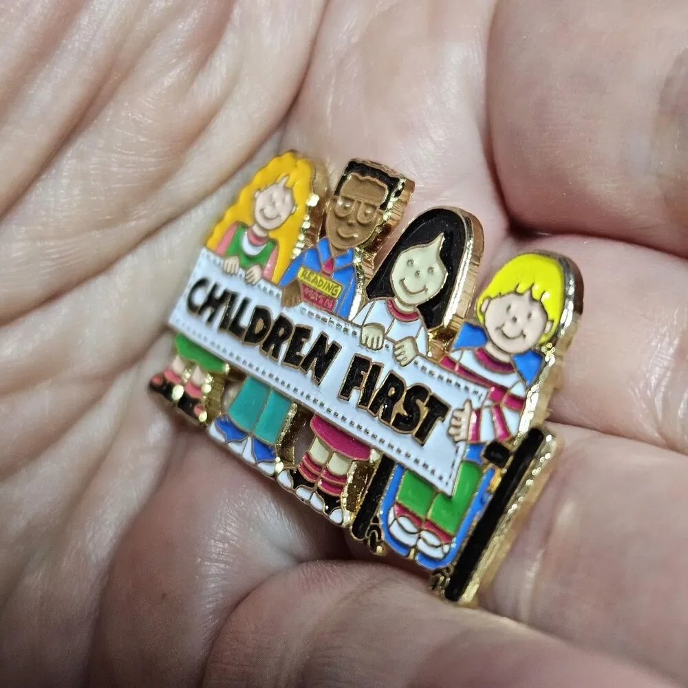 Vintage Children First Enamel And Gold Tone Lapel  Pin 1.5” x 7/8”